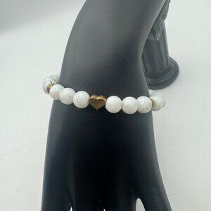 White Beaded Stretch Heart Charm Bracelet Elegant Simple Design